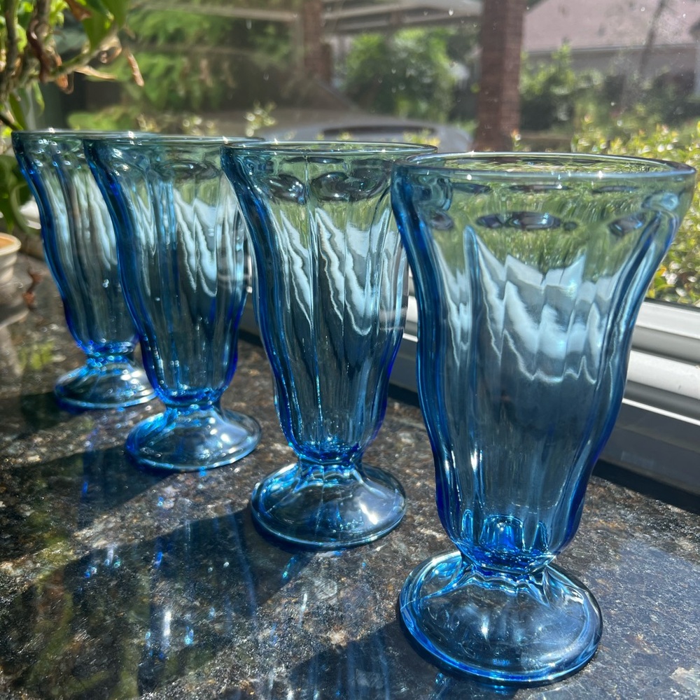 Vintage Set Of Four Anchor Hocking Light Blue Glass Sundae or Milk Shake Glasses